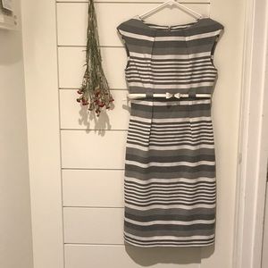 Calvin Klein Grey and White Striped Pencil Dress with Bow, Size 4